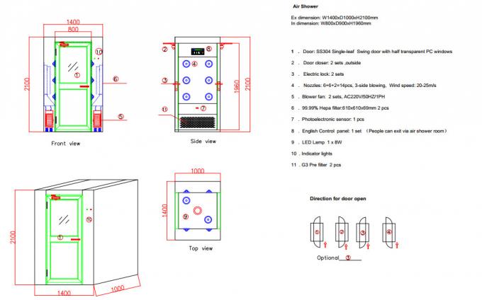 Jednoskrzydłowe drzwi wahadłowe Prysznic powietrzny do pomieszczeń czystych dla jednej osoby z dwustronnym nadmuchem 0