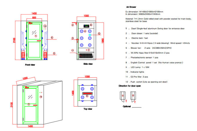 Prysznice pionowe do pomieszczeń czystych z aluminiowym sterowaniem drzwi obrotowych za pomocą panelu sterowania IC 0